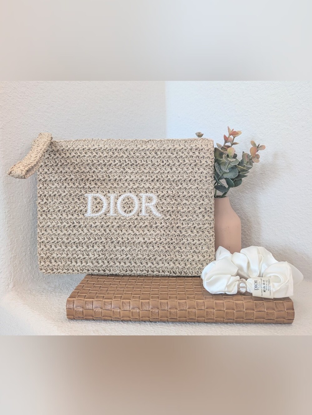 Dior raffia straw wristlet with Dior White Scrunchie GWP